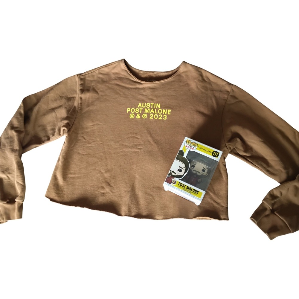 Post Malone Austin 2023 Tour Cropped Sweatshirt Brown Medium &‎ Funko Pop Bundle